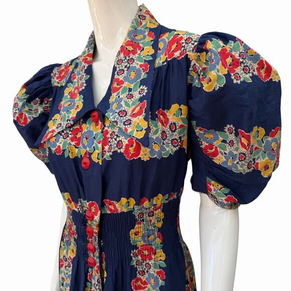 Dresses & Skirts - VTG 1940’s Extreme Puff Sleeve Maxi Dress Cotton Border Print Dagger Collar, L